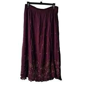 April Cornell Burgundy Wine  & Gold Embroidered Full / Gathered Maxi Skirt - M